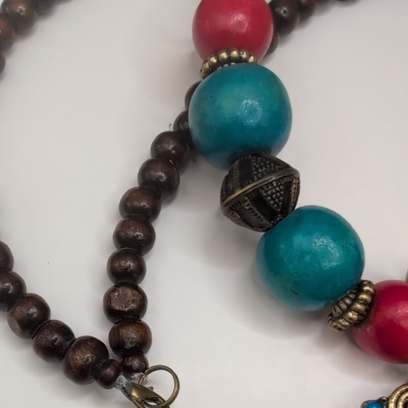 Blue and Red Necklace with Beads and Circular Pendant - Picture 4 of 5